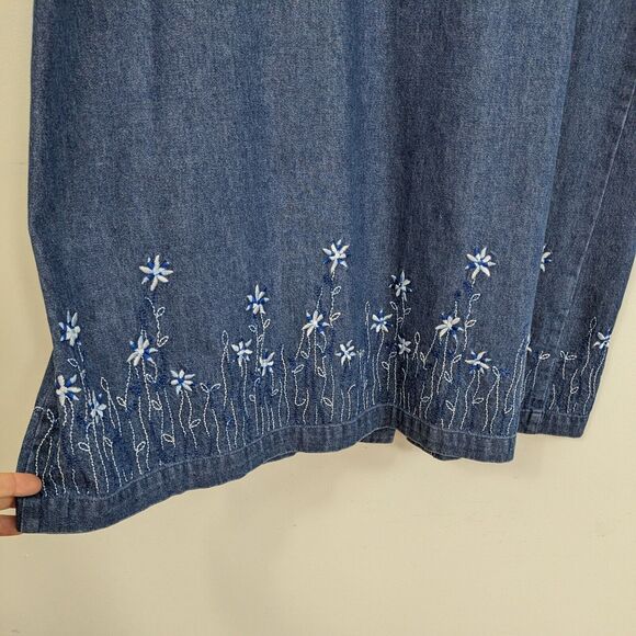 Vintage Floral Denim Maxi Dress XL Blue Talbots Jumper Teacher 90s Embroidered - Picture 9 of 10